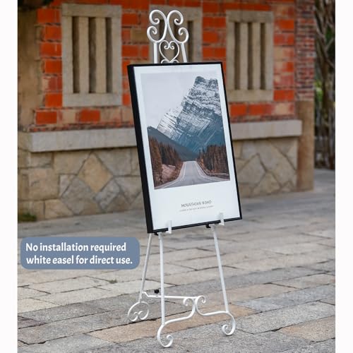 Heavy Duty Easel Stand for Wedding Sign, Adjustable Metal Display Easel | Durable metal, Scroll Design, Holds 56lbs, Adjustable Heightangle, Foldable Flat for Storage, White Matte Finish, No Assembly - style: Scroll-White