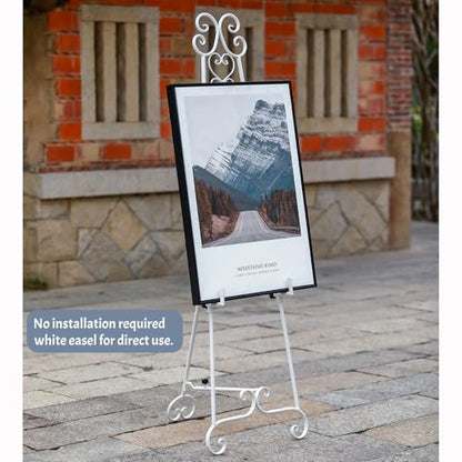 Heavy Duty Easel Stand for Wedding Sign, Adjustable Metal Display Easel | Durable metal, Scroll Design, Holds 56lbs, Adjustable Heightangle, Foldable Flat for Storage, White Matte Finish, No Assembly - style: Scroll-White