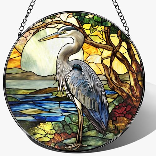 Stained Glass Window Hanging, 8 Inch Blue Heron Suncatcher Ornament, Stained Glass Suncatchers for Windows Hanging, Christmas, Mother's Day, Birthday, Bird Lover Gifts for Mom, Grandma, Women & Men - color: Heron