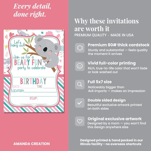 Amanda Creation Koala Birthday Invitations, 20 Pack 5x7 Fill-In Koala Party Invitations with White Envelopes, Let's Hang Out Cute Bear Birthday Cards, Made in USA - color: Let's Hang Out Cute Koala Bear