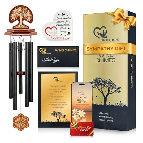 Outdoor Windchimes - Sympathy Gift for Loss of a Loved one, 36" Sympathy Gift Includes a Letter from Heaven, Acrylic Heart & Keychain, Deep Toned, Double Sided Engraving Hexagonal Pendant - color: Black - Tree of Life