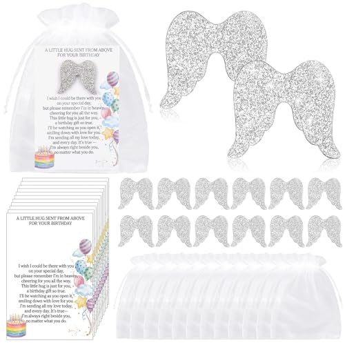 Mifoci 12 Sets Happy Heavenly Birthday Decoration Wood Angel Pocket Hug Token Poem Card Organza Bags Funeral Favors Celebration of Life Favors for Heavenly Birthday Memorial Supplies Guest Return Gift