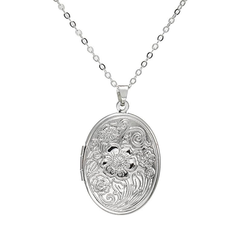 Locket Picture Pendant Heart Necklace,Retro Carved Flower Relief Pattern Oval Center Necklace Souvenir Memorial Clavicle Jewelry for Women - color: silver oval