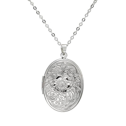 Locket Picture Pendant Heart Necklace,Retro Carved Flower Relief Pattern Oval Center Necklace Souvenir Memorial Clavicle Jewelry for Women - color: silver oval