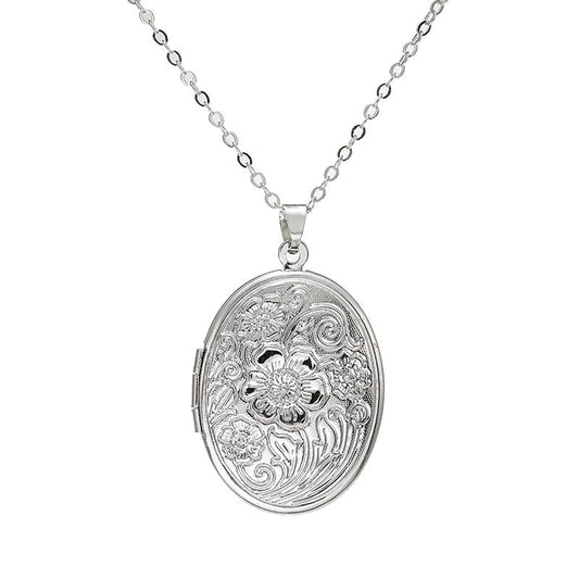 Locket Picture Pendant Heart Necklace,Retro Carved Flower Relief Pattern Oval Center Necklace Souvenir Memorial Clavicle Jewelry for Women - color: silver oval