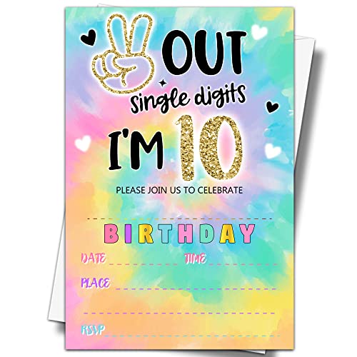 YSTEP Tie Dye 10th Birthday Party Invitations, 20 Invite Cards with Envelopes, 4"x6" Peace out Single Digits Birthday Party Invites - A12 - style: style 1