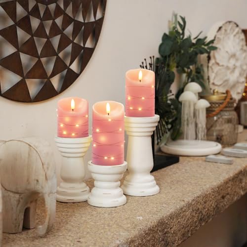 Homemory Flameless Candles with String Lights, 3 Pack Embedded Fairy String Lights LED Candles, Electric Flickering Candles with Remote Control and Timer, Real Wax, Pink - color: Pink