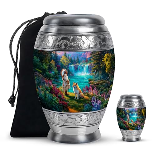 Native American Funeral Cremation Urn for Ashes Adult Male 3 Inch & 10 Inch Set - Blue Keepsake Urns Women Human Ashes for Male and Female - Fox Keepsake Human Urns for Daughter and Son - color: Native American-5, size: combo-1