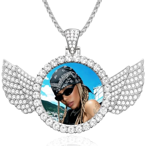 Custom Circle Chain with Picture Custom Circle Pendant Necklace - color: Wings-Silver-010
