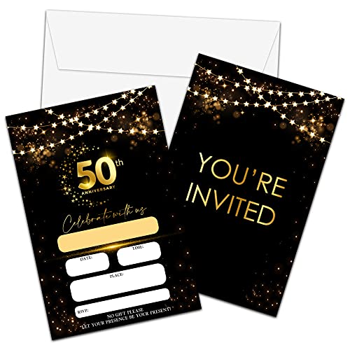 50th Anniversary Invitations Cards, Black Gold Glitter Wedding Anniversary Invitations with Envelopes, Celebrate With Us Fill-in Invites Cards, Anniversary Party Supplies Decorations(Pack of 25) - color: Black Gold Glitter