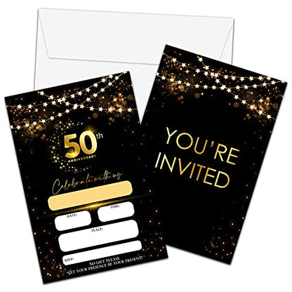 50th Anniversary Invitations Cards, Black Gold Glitter Wedding Anniversary Invitations with Envelopes, Celebrate With Us Fill-in Invites Cards, Anniversary Party Supplies Decorations(Pack of 25) - color: Black Gold Glitter