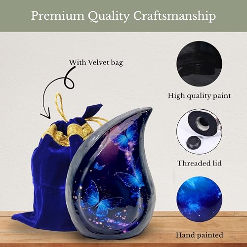 Teardrop Cremation Urn for Human Ashes, Hand Painted Blue Butterfly Galaxy Design, 6 Inch, with Velvet Bag