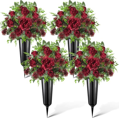 4 Set 8 Pcs Artificial Cemetery Peony Flowers with Vase for Grave Artificial Peony Bouquet Memorial Day Father's Day Funeral Gravesite Flowers for Outdoor Cemetery Headstone Lawn Yard, Burgundy - color: Burgundy, style: Peony