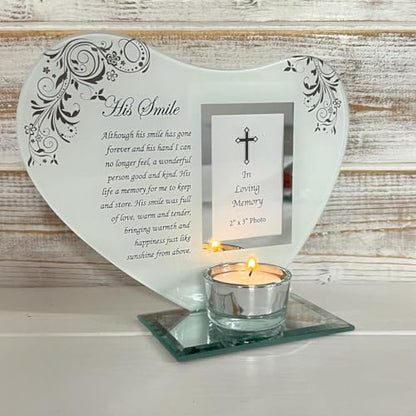 His Smile - Inspirational Poem, Candle and Photo Holder Glass Memorial Plaque