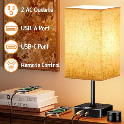 Bedroom Nightstand Lamp with Charger, Touch Table Lamps with Remote Control - color: Flaxen