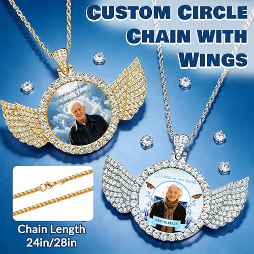 HJX Custom Circle Chain with Wings, Memorial Picture Necklace for Men Womem - color: 2-wing Memorial