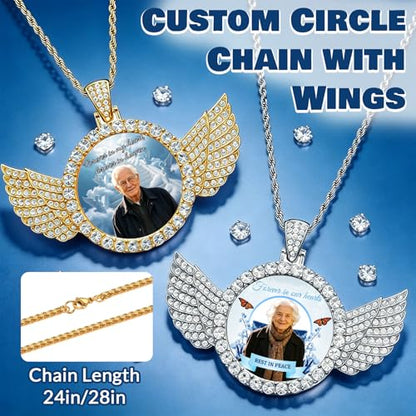 HJX Custom Circle Chain with Wings, Memorial Picture Necklace for Men Womem - color: 2-wing Memorial