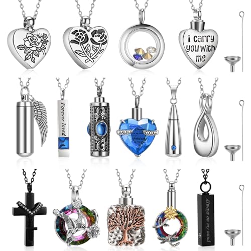 15 Pcs Urn Necklace for Ashes Women Keepsake Cremation Jewelry Stainless Steel Cross Heart Cubic Locket Ashes Necklace for Human Loved One - color: Blue