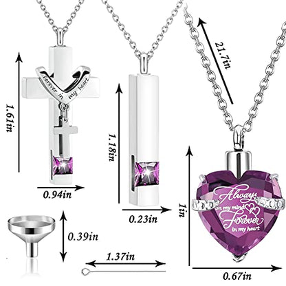 weikui 3 Pieces Heart Cross Cubic Urn Necklace for Ashes for Men Women Cremation Jewelry Crystal Memorial Locket Ashes Pendant Family Keepsake Sharing Jewelry Set - color: 3 Silver Pendants - Purple