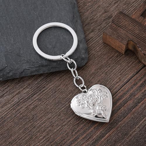 2PCS Elegant Heart Locket Keychain with Decorative Chain Stainless steel, Heart Pattern Design, Photo Frame Pendant - color: Heart-8
