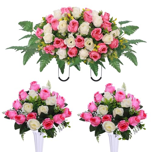 Artificial Cemetery Flower Saddles, Cemetery Memorial Flowers with Vase,Outdoor Grave Saddle Headstone Decorations, Artificial Rose Bouquet Grave Memorial Flowers (Pink White) - color: Pink White