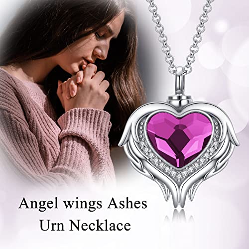 AOBOCO 925 Sterling Silver Angel Wing Heart Cremation Urn Necklace Holds Loved Ones Ashes, Memorial Keepsake Cremation Jewelry Necklace for Women - color: Silver with Purple Heart