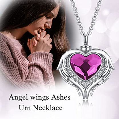 AOBOCO 925 Sterling Silver Angel Wing Heart Cremation Urn Necklace Holds Loved Ones Ashes, Memorial Keepsake Cremation Jewelry Necklace for Women - color: Silver with Purple Heart