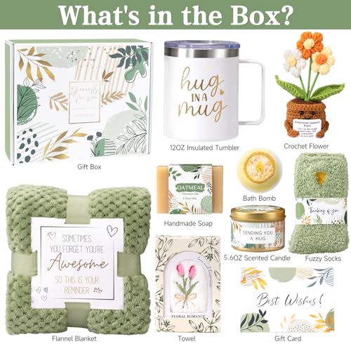 Get Well Soon Gift Baskets for Women, Sending Warmth Gift, Self Care Gifts, Spa Care Package After Surgery Inspirational Thinking of You Sympathy Gift, Birthday Mother's Day Easter Gifts - color: Green