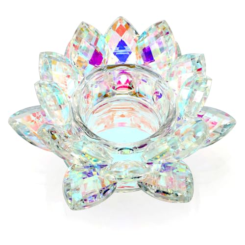 OwnMy Crystal Lotus Flower Tealight Holder Lotus Petal Votive Candle Holder | AB Colorful Crystal Lotus Flower Candle Stand, Decorative Glass Lotus Candle Lamp for Wedding Dining Table Centerpieces - color: Ab Color