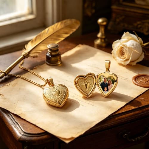 Stainless Steel Photo Locket Necklace for Women, 3mm Box Chain, Personalized Picture Holder Pendant, Waterproof Hypoallergenic Sentimental Jewelry Gift - color: Lace Edge Heart Gold