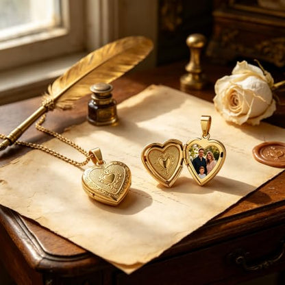 Stainless Steel Photo Locket Necklace for Women, 3mm Box Chain, Personalized Picture Holder Pendant, Waterproof Hypoallergenic Sentimental Jewelry Gift - color: Lace Edge Heart Gold