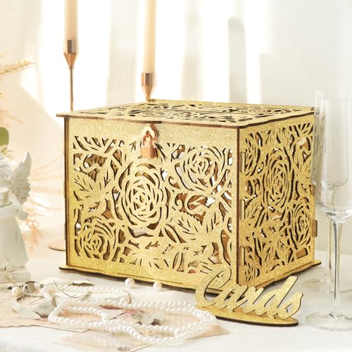 Glittery Gold Wedding Card Boxes for Reception, Gift Card Box for Wedding | Hollow Rose Pattern, With Lock & Key, Wooden, Wedding Money Envelope Card Box for Party Graduation Birthday Baby Shower Decor - color: Gold