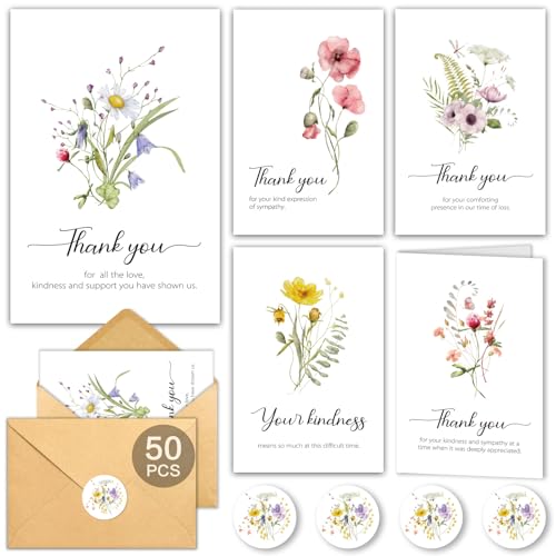 Funeral Thank You Cards with Envelopes, 5 Designs Watercolor Floral | 50 Bereavement Sympathy Thank You Cards, 4x6in, for Funeral Celebration of Life, Message Inside, Matching Stickers, Bulk - color: White-50