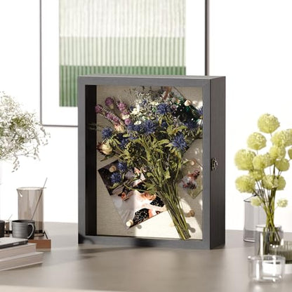 13x16 Shadow Box Frame with Acrylic Glass, Deep Large Shadow Boxes Display Cases for Tabletop and Wall Display, Memory Box for Keepsakes, Shadow Box for Flowers, Black with Linen Back - size: 13x16in