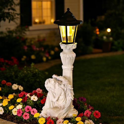 Solar Angel Garden Statue, 18" Roman Columns Angel Statue with Solar Lights Outdoor Waterproof, Resin Deocr Angel Figurine for Yard Patio Lawn Ornaments, Angel Gifts for Women Mom Grandma