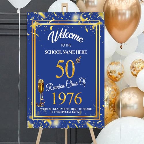 Personalized 50th Class Reunion Welcome Sign, Gold Confetti on Blue Sign, High School & College Reunion Plastic Board - color: Version 3