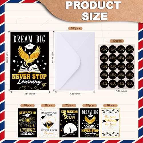 Eaasty Motiskyy 100 Pcs Graduation Card with Gold Foil – Inspirational Congrats Grad Greeting, Black and Gold Graduation Congratulations Card 4 x 6 Inch with Envelope and Seal Sticker - style: Inspirational Graduation Season Style