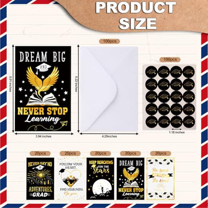 Eaasty Motiskyy 100 Pcs Graduation Card with Gold Foil – Inspirational Congrats Grad Greeting, Black and Gold Graduation Congratulations Card 4 x 6 Inch with Envelope and Seal Sticker - style: Inspirational Graduation Season Style