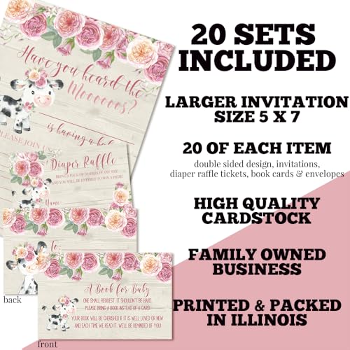 Baby Shower Invites for Girls – Watercolor Pink Floral Cow Baby Shower Invitation Bundle with Diaper Raffle Tickets, Book Request Cards & Envelopes. Set of 20 5X7 Pink Cow Invitation Kit Sets - style: Cow