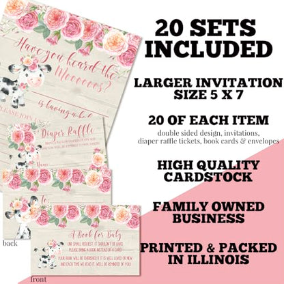 Baby Shower Invites for Girls – Watercolor Pink Floral Cow Baby Shower Invitation Bundle with Diaper Raffle Tickets, Book Request Cards & Envelopes. Set of 20 5X7 Pink Cow Invitation Kit Sets - style: Cow