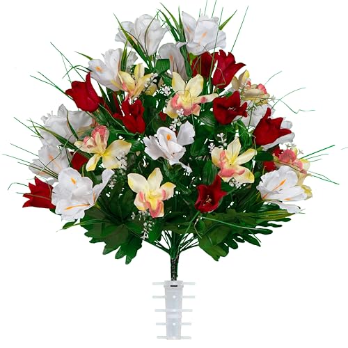 Artificial Cemetery Flowers - Grave Decoration - Red Tulips and White Iris (1) Bouquet - color: Red/White, size: (1) Bouquet
