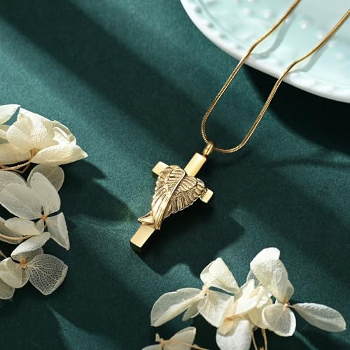 Cross Cremation Jewelry Urn Necklaces Cross Angel Wings Urn Necklaces for Ashes Memorial Keepsake Pendant for Women Men Gifts With Funnel Kit & Bag - color: Gold