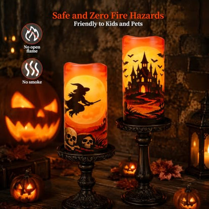 Amagic 3"x6" Halloween Flameless Candles, Waterproof LED Pillar Candles - color: Witch + Castle, size: 2 Pack, D3"xH6"
