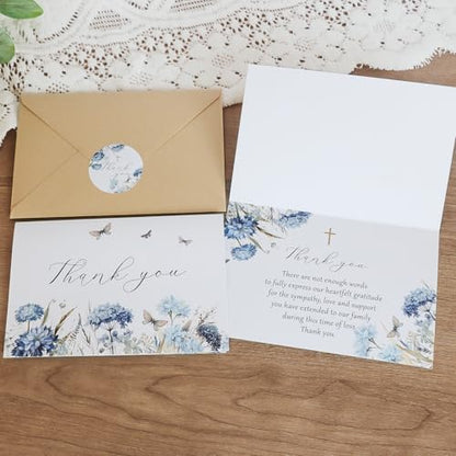 25 Pcs Funeral Thank You Cards with Envelopes, 4×6 In | Watercolor Blue Flower Design, Bereavement Cards, for Funeral Family Friends Loved Ones Celebration of Life - color: 25 Light Blue