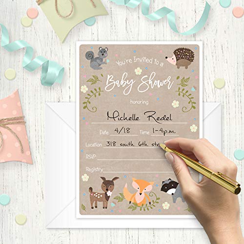 Canopy Street Woodland Animals Baby Shower Invitation / 25 Adordable Animals Themed Fill In Baby Shower Invites / 5" x 7" New Baby Forest Animal Invitation Cards - color: Baby Woodland