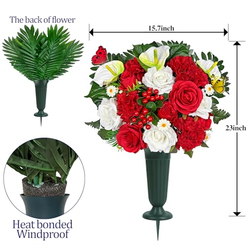 Artificial Cemetery Flower with Vases for Grave Decoration, 3PC,Red Rose Carnation，Headstone Flower Saddle (Vases Included)