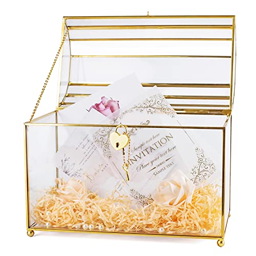 Gold Wedding Glass Card Box with Slot and Heart Lock, Large Clear Card Box for Wedding Reception, Bridal Shower, Handmade Brass Glass Display Box Weddings Centerpiece - color: slot and heart lock