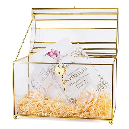 Gold Wedding Glass Card Box with Slot and Heart Lock, Large Clear Card Box for Wedding Reception, Bridal Shower, Handmade Brass Glass Display Box Weddings Centerpiece - color: slot and heart lock