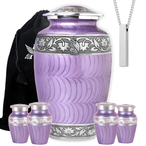 Set of 6 Purple Cremation & Funeral Urns for Ashes for Women & Men - Includes 1 Large Purple Urn with 4 Small Keepsakes & 1 Necklace - color: Purple Patch Urn Set
