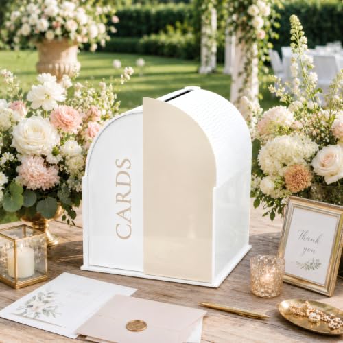 White Arched Wedding Card Box with Light Beige Standee & Erasable Pen | Acrylic Wedding Card Boxes for Reception, Wide Slot, Wedding Box for Cards and Money, for Birthday Graduation Baby Shower - color: Light Beige